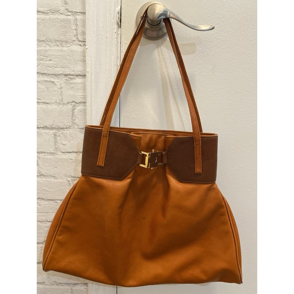 Vintage Italian Leather Shoulder Bag orange Brown Gold Clasp Made in Italy